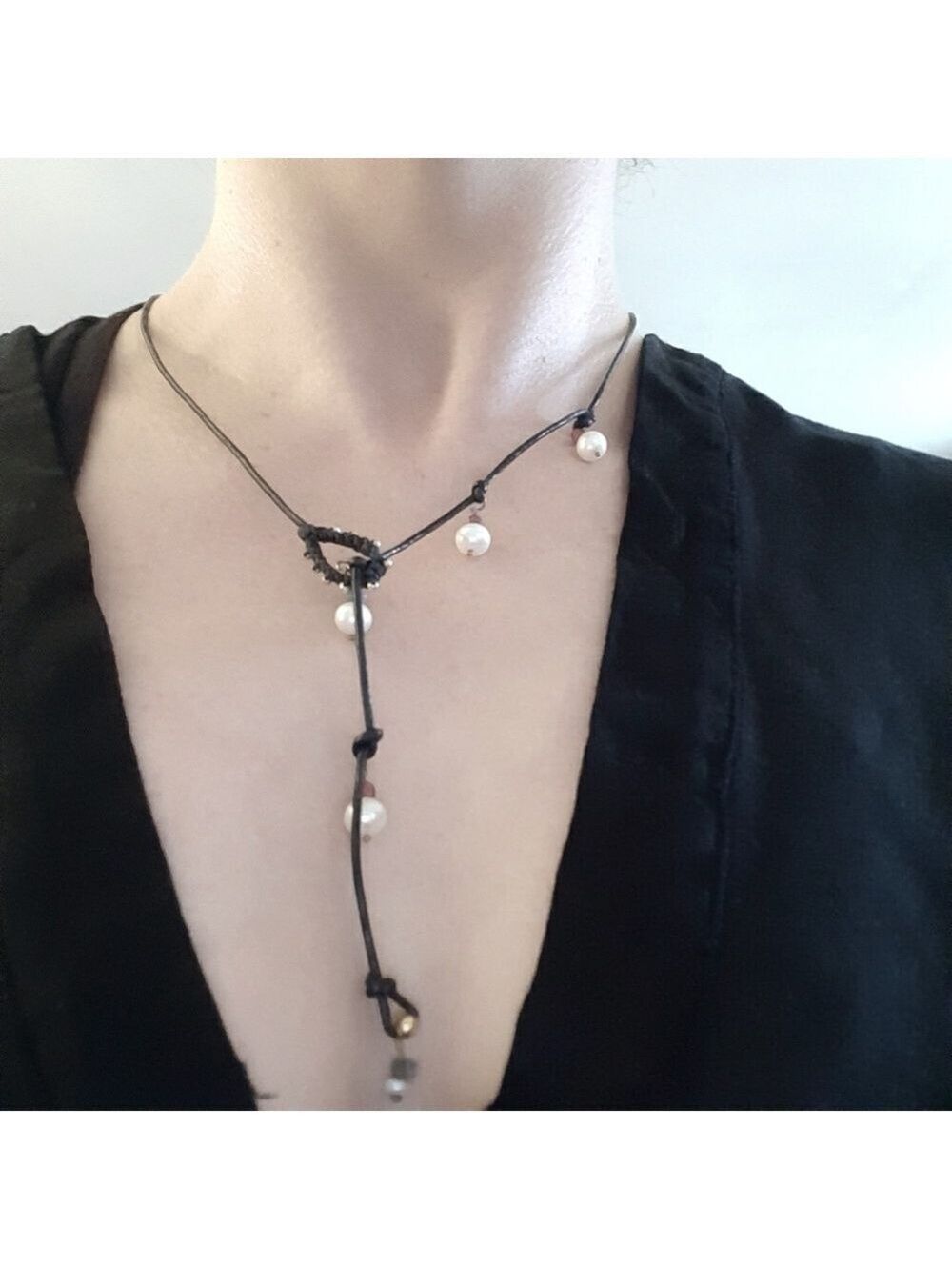 Handcrafted Natural Pearl and Real Ruby Leather Lariat Necklace